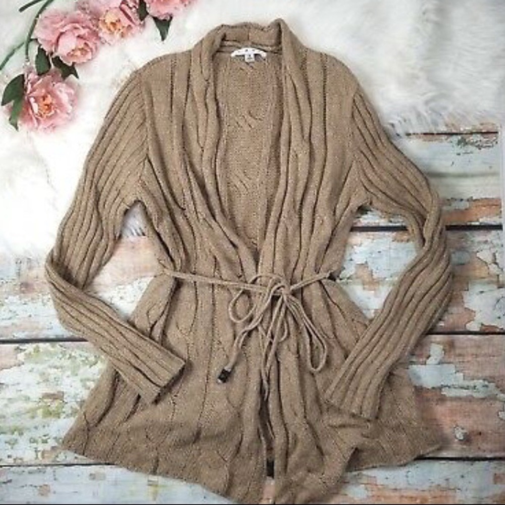 CAbi acorn cable knit belted cardigan Small